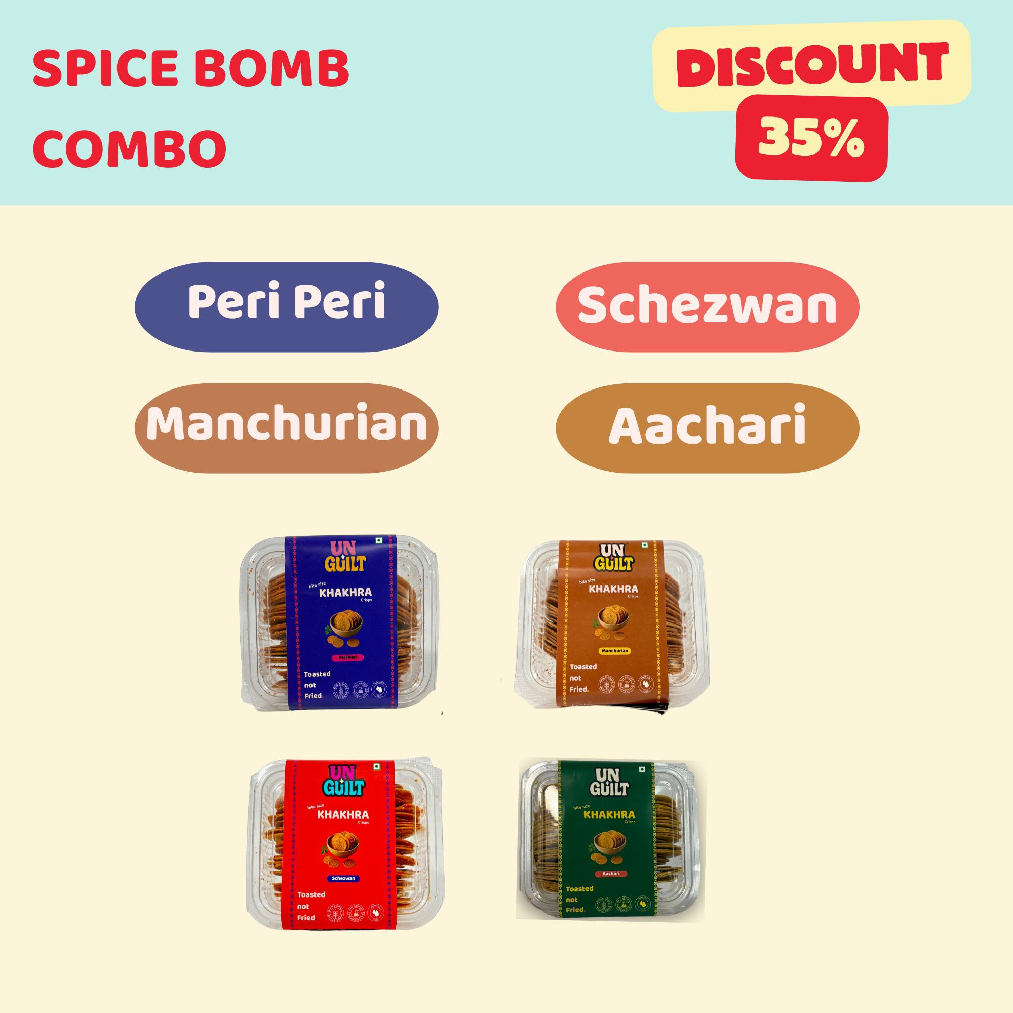 SPICE BOMB Combo – 4 Hot Mini Khakhara Flavours | Baked, Not Fried - Unguilt